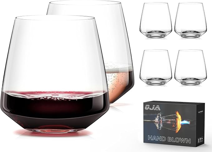 OJA Wine Glasses Set, Crystal Stemless Red Wine Glass, Set of 6, 13.5 oz | Dishwasher Safe, Red White Wine glass, Hand Blown, Unique Gifts for Him Her for Birthday, Wedding, Christmas, Anniversary by oja