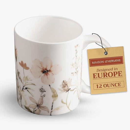Maison d' Hermine Coffee Mug with Handles Tea Cups (12 Ounce, Pack of 1) | Fine Bone China Coffee Mugs for Hot Beverages Cappuccino Latte Home Hotel Spring Summer -Ice Florals - Romantic Morning by MaisondHermine