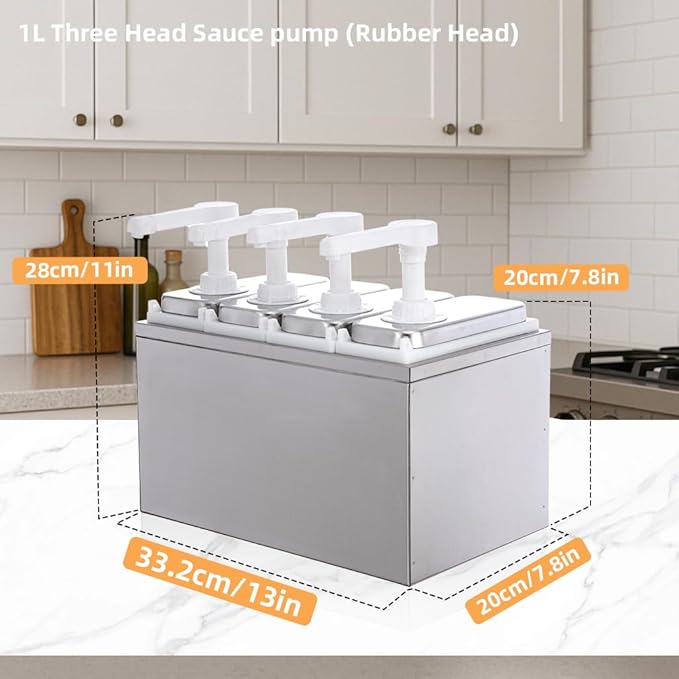 4.23 Quart Condiment Dispenser Pump,Syrup Pump Dispenser with Measuring Cup, Large Capacity Detachable Leak-Proof Design for Sauce, Honey, Syrup,Soy Sauce,Mustard,Cheese (1.06 QT, 4 pumphead)