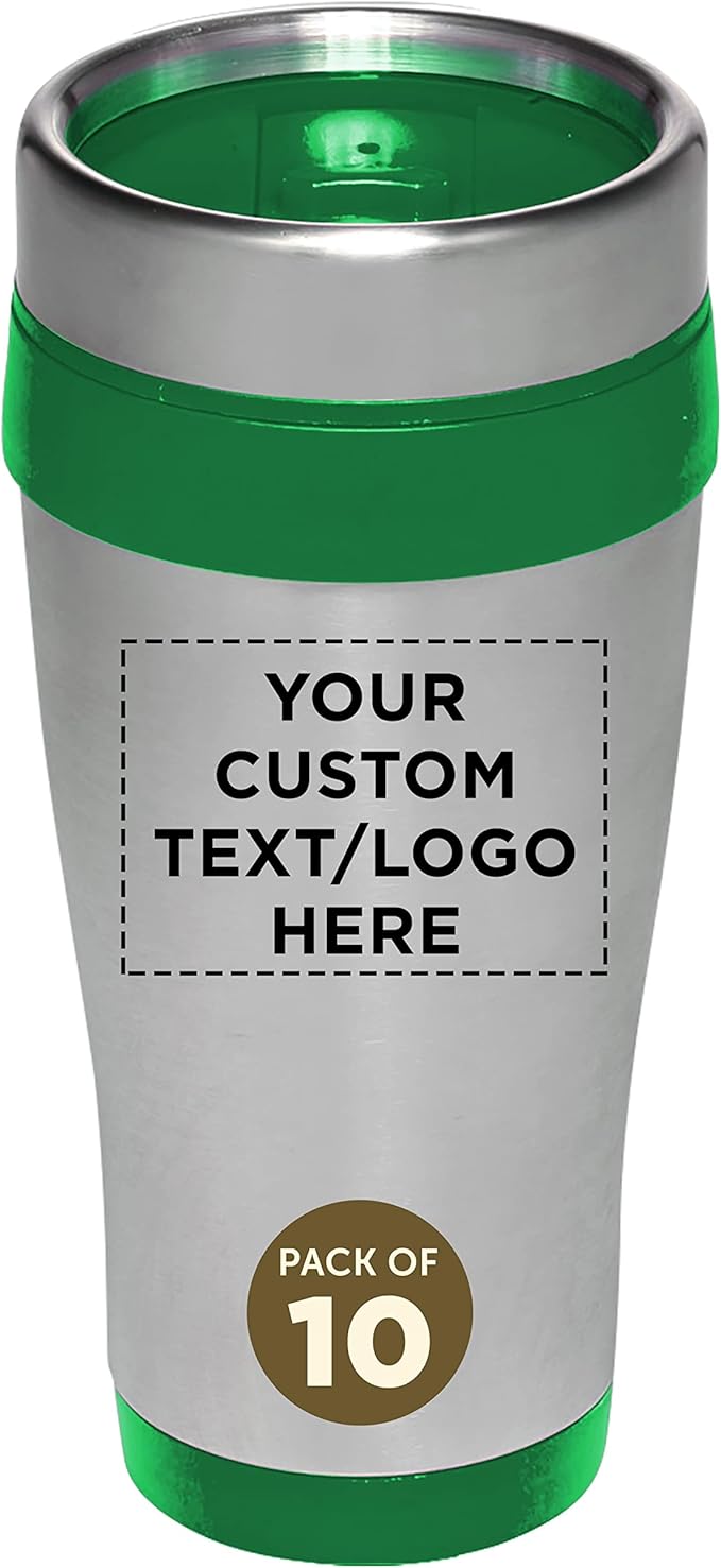 Custom Insulated Stainless Steel Travel Mugs 16 oz. Set of 10, Personalized Bulk Pack - Perfect for Coffee, Soda, Other Hot & Cold Beverages - Green