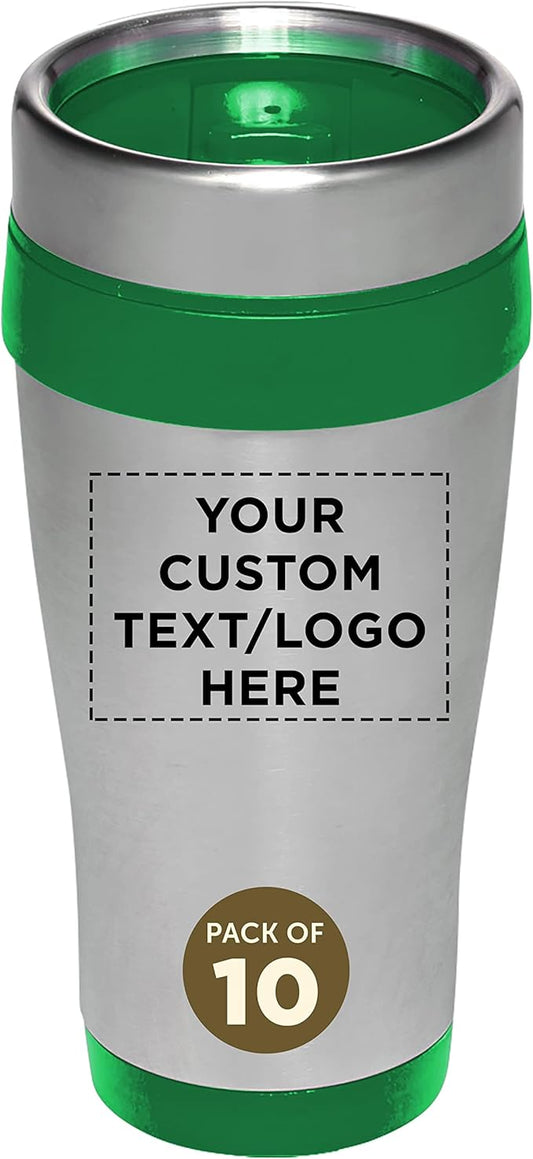 Custom Insulated Stainless Steel Travel Mugs 16 oz. Set of 10, Personalized Bulk Pack - Perfect for Coffee, Soda, Other Hot & Cold Beverages - Green