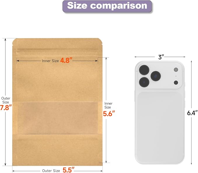 Kraft Paper Bags with Transparent Window, Stand Up Pouches Smell Proof Bags | 100 Pcs 5.5x8 Inch Resealable Bags for Small Business, Zipper. Food Storage, for Packaging Snacks Cookies Candy - Image 2