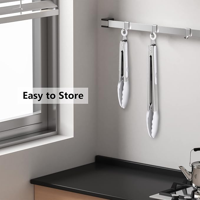 2 Pack Silicone Kitchen Tongs – 9" & 12" Set, Heat Resistant up to 500°F, Non‑Stick Cookware Safe, Wavy Silicone Tips, BPA Free, Locking Clip & Hanging Loop, Light Grey - Image 6