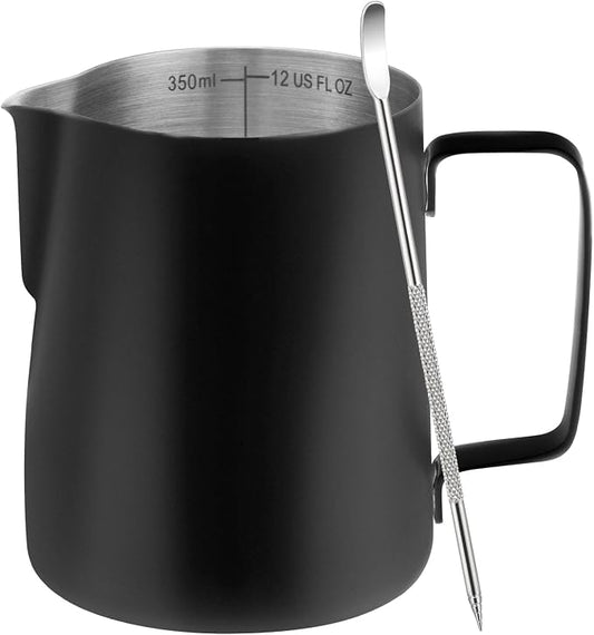 Amrules Milk Frothing Pitcher, 12oz Milk Frother Cup with Clear Scale, 304 Stainless Steel Cappuccino Espresso Machine Accessories for Barista Coffee Bar with Latte Art Pen, Black by Amrules