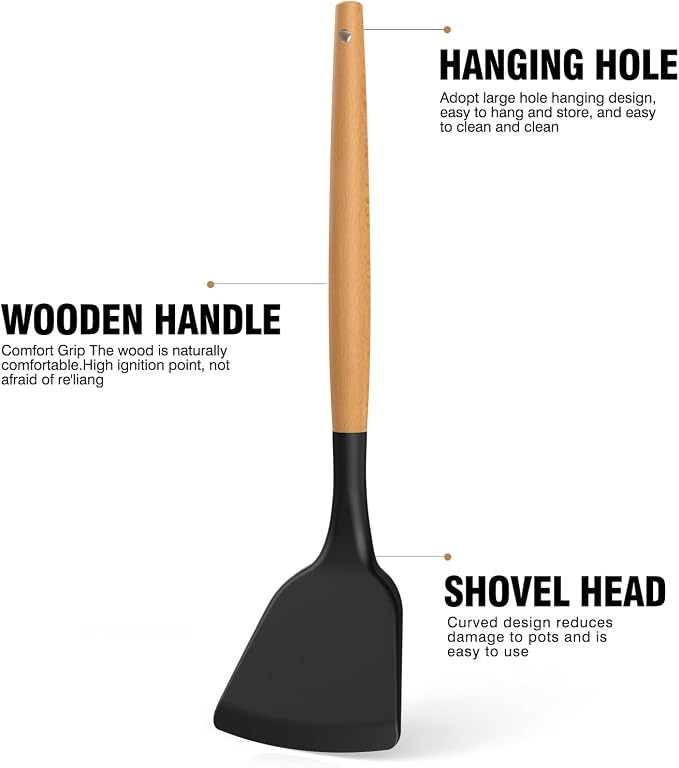 Silicone Cooking Utensils Set - AVGPD Silicone Kitchen Utensils for Cooking Wooden Handles, 446°F Heat Resistant Kitchen Utensil Spatula Sets, Gadgets for Non-Stick Cookware BPA FREE (Black) - Image 8