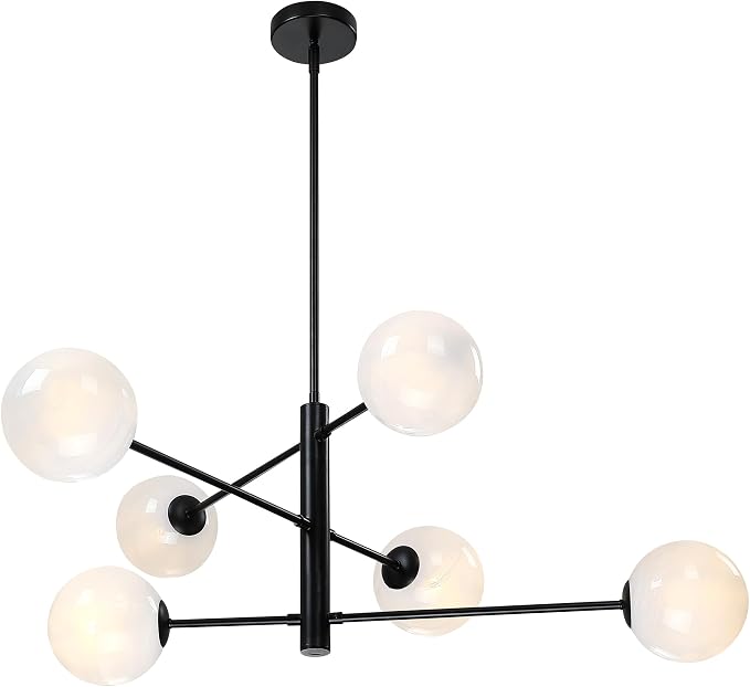 Mid Century 6-Lights Globe Milky Handcrafted Marble Glass Chandelier for Living Room Modern Black Chandelier Light Fixture Dining Room Chandelier Over Table Foyer Bedroom Kitchen Island by Triacas