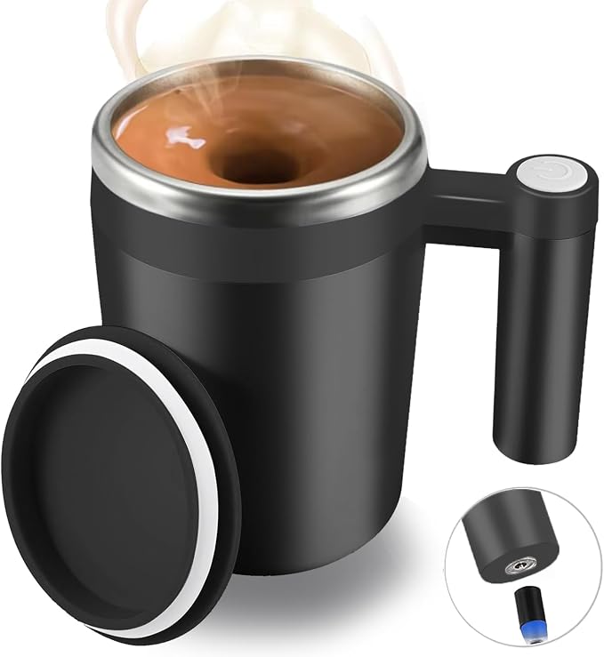 Self Stirring Mug,Rechargeable Auto Magnetic Coffee Mug with 2Pc Stir Bar,Waterproof Automatic Mixing Cup for Milk/Cocoa at Office/Kitchen/Travel 14oz Best Gift - Black by FCSWEET