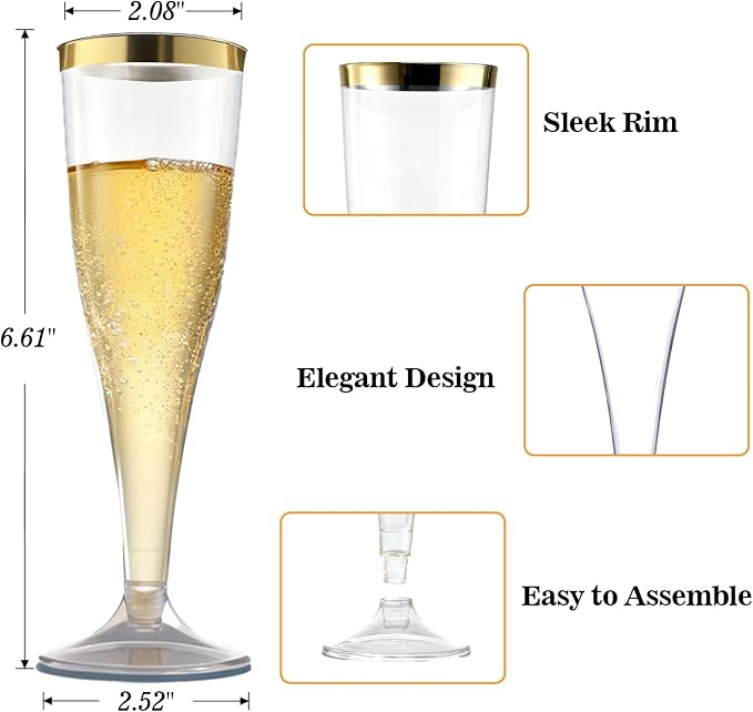 Bestluck 100 Pack 4.5 oz Champagne Flutes Plastic with Gold Rim | Disposable Champagne Flutes, Clear Plastic Disposable Stemware for Party, Mimosa Bar, Wedding, Anniversary and Graduation - Image 3