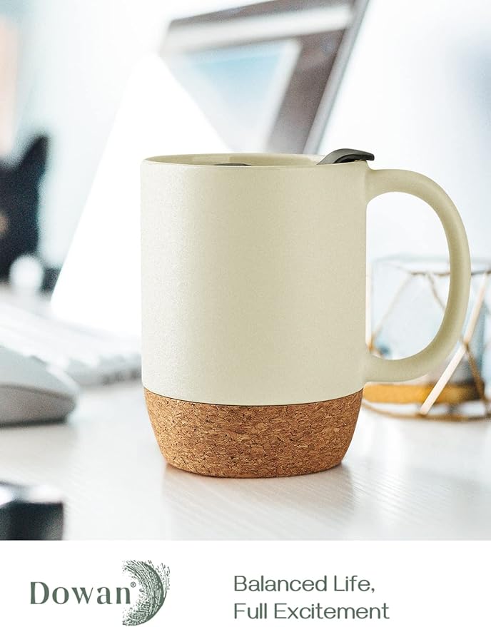 DOWAN Coffee Mugs Set of 2, 15 OZ Ceramic Mug with Cork Bottom and Splash Proof Lid, Large Coffee Cup with Handle for Tea Latte, Beige - Image 2