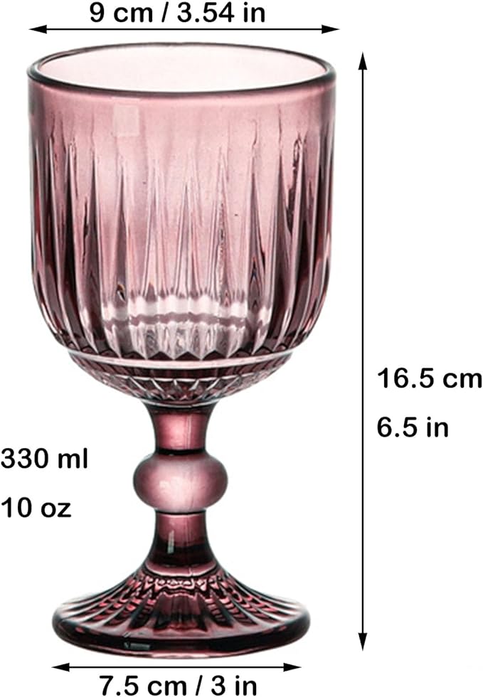 Taganov Purple Glasses Drinking set of 6 Colored Wine Water Stemware Pink Goblets Glassware 11 oz for Wedding Party Bar Vertical Embossed Pattern Stemmed Cups 330 ml - Image 6