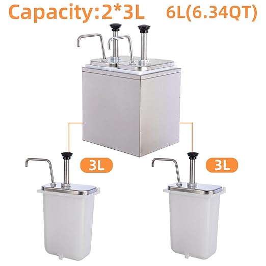 6.34 Quart Ketchup Pump Dispenser,Condiment Dispenser Pump, Large Capacity Detachable Leak-Proof Design for Sauce, Honey, Syrup,Soy Sauce,Mustard,Cheese (2 pumphead, 3.17 QT Each)