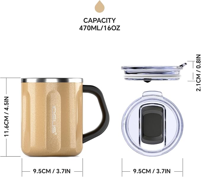 Ideus 16 oz Insulated Coffee Mug with Handle and Lid, Double Wall Stainless Steel Vacuum Thermal Coffee Mug, Travel Coffee Cup Thermal Cup for Home and Office, Golden-FUJI FLOW - Image 5