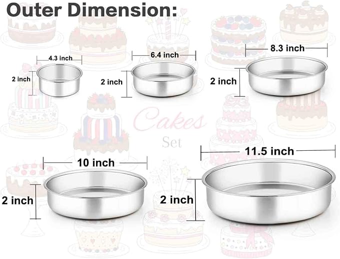 TeamFar Cake Pan, Stainless Steel Round Baking Tier Cake Pans Tins Set of 5 | 4''/6''/8''/9½''/11'' Layer Baking Tin, for Birthday Wedding Healthy & Heavy Duty, Mirror Finish & Dishwasher Safe - Set of 5 - Image 6