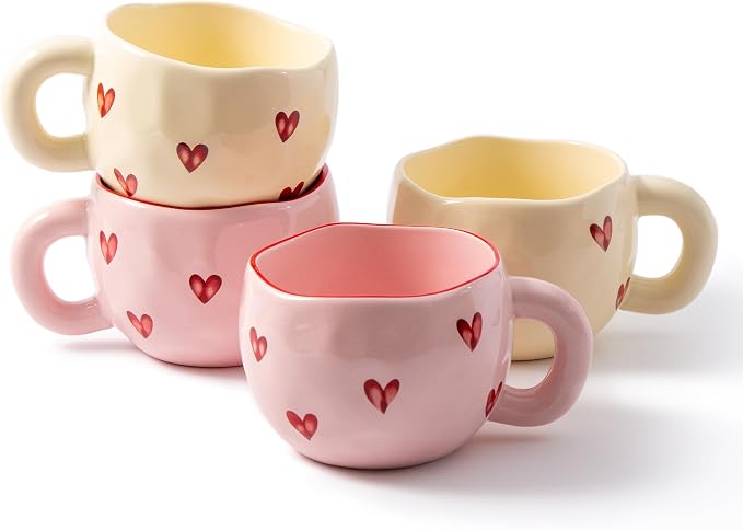 4pcs Ceramic Heart Mugs, 9.4OZ Cute Love Coffee Cup Set, Pink & Yellow, Dishwasher Safe Espresso/Latte Mugs Set, Gift for Women/Mom/Girl Friend(Love) by YumiPLUS