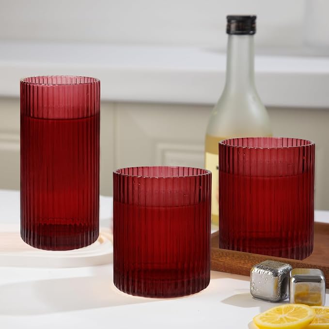 Ribbed Drinking Glasses 8pcs, 12oz and 10oz Glassware, Tumbler Glasses Cup Set for Wedding, Party, Christmas Gift, Red - Image 7