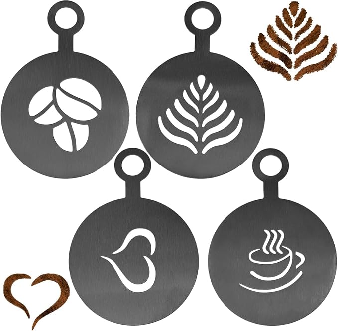 GORGECRAFT 4Pcs Coffee Decorating Stencils Coffee Cup Stencil Template Golden Coffee Latte Art Flat Round with Leaf Heart Cup Pattern Cappuccino Art Templates for Cup Cake Birthday Cake Coffee