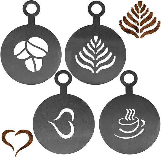 GORGECRAFT 4Pcs Coffee Decorating Stencils Coffee Cup Stencil Template Golden Coffee Latte Art Flat Round with Leaf Heart Cup Pattern Cappuccino Art Templates for Cup Cake Birthday Cake Coffee