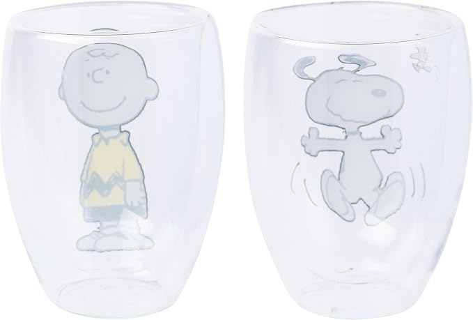 Silver Buffalo Peanuts Snoopy, 2 Pack Double Walled Glass Set, 12.5oz | Piece, Woodstock and Charlie Brown, 0.37 Liters - Image 2