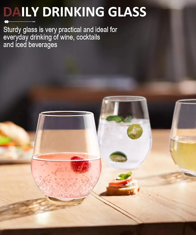 OJA Wine Glasses Set, Crystal Stemless Red Wine Glass, Set of 4, 15 oz | No Stem, Clear, Sturdy Drinking Glass for White Wine, Daily Use, Birthday, Wedding, Home Party, Anniversary, Shower Gift - Image 5