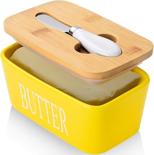 Ceramic Butter Dish with Lid and Knife Silicone Seal for Countertop Yellow | Suitable Capacity, Great Sealing, Home Decor Kitchen Gift Housewarming Gift by AISBUGUR