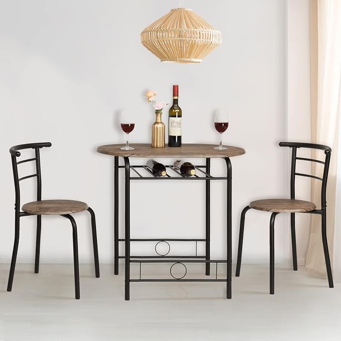VINGLI 3 Piece Dining Set,Small Kitchen Table Set for 2,Breakfast Table Set for 2,Kitchen Wooden Table and 2 Chairs for Small Space/Dining Room/Apartment,Metal Frame,Wine Rack,Rustic - Image 8