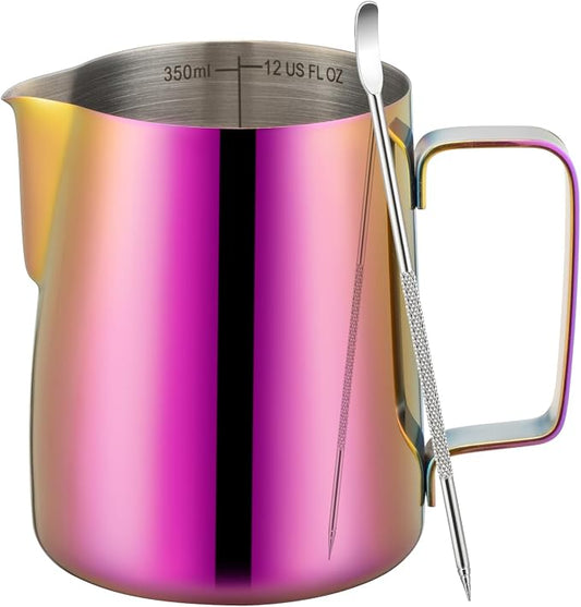 Amrules Milk Frothing Pitcher, 12 oz Milk Frother Cup with Clear Scale, 304 Stainless Steel Cappuccino Espresso Machine Accessories for Barista Coffee Bar with Latte Art Pen, Multipurple by Amrules