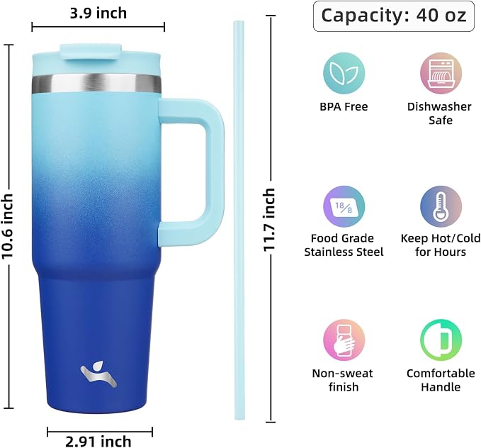 Konokyo 40 oz Insulated Tumbler Water Bottle with Handle, Straw Lid | BPA-free and dishwasher safe; made for gym, travel, coffee and gifting, 2 straws, cup holder friendly,Sky - Image 4