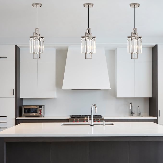 Modern Brushed Nickel Pendant Light Fixture for Kitchen Island and Dining Room, Industrial Small Hanging Crystal Chandelier Light Fixture for Bedroom Entryway Living room Foyer Hallway 1-Pack - Image 5