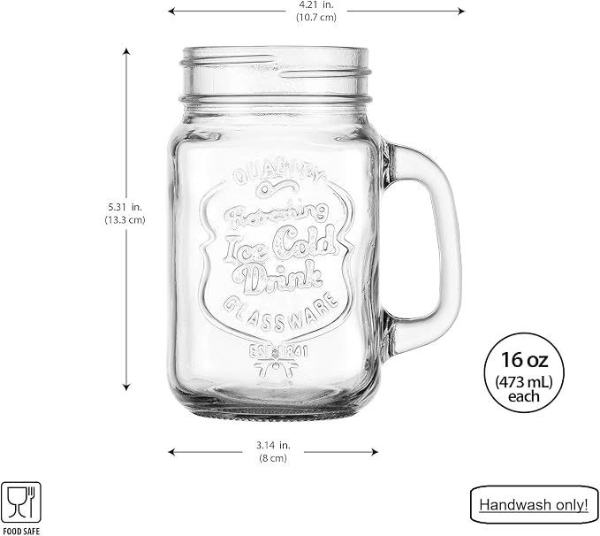 Glaver's Set of 10 Ice Cold 16 Oz. Mason Drinking Glasses With Handles. Quality Refreshing Ice Cold Embossed Logo Jars for Beverages, Cocktails, Shakes, Smoothies, Sodas, Juice. - Image 2