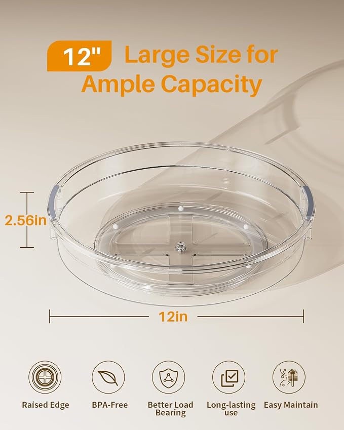 LAMU 2 Pack 12 Inch Lazy Susan Organizer Turntable for Cabinet, with High Edges to Prevent Falling, Large Clear Lazy Susan for Kitchen, Pantry, Refrigerator, Countertop, Table, Bathroom - Image 2