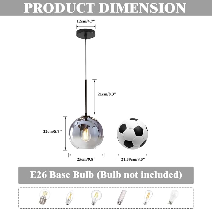 KCO Lighting Mercury Glass Pendant Light Fixtures Mid Century Modern Silver Kitchen Island Pendant Lights Ceiling Hanging Black Large Globe Pendant Light for Living Room Dining Room - Image 2