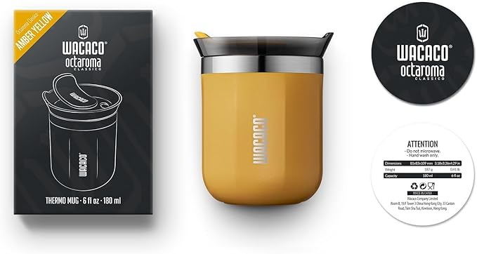 WACACO Octaroma Classico Travel Coffee Mug, Double-wall Stainless Steel Travel Tumbler With Drinking Lid, 6 fl oz (180ml), Amber Yellow - Image 6
