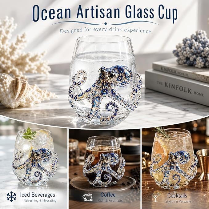 3D Octopuses Stemless Wine Glasses Artisanal Blue Ringed Octopus Glassware Coastal Christmas Home Decor Gift for Ocean Lovers，Jellyfish - Image 2