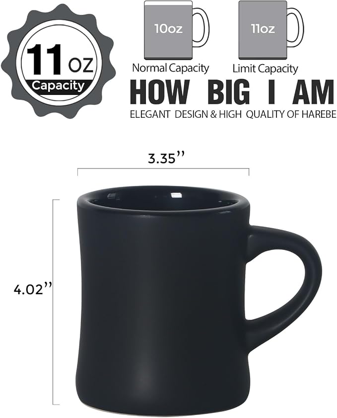harebe Retro Coffee Mugs Set of 4, 10 OZ Heavy Classic Ceramic Diner Cups Set with Handle for Coffee, Tea, Cocoa, Milk, Latte（Black） - Image 2