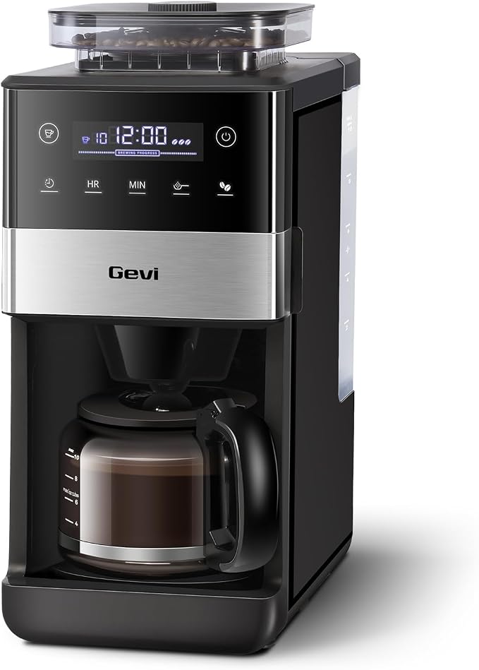 Gevi 10-Cup Grind & Brew Coffee Maker, Touch Screen, Programmable Brew | All-In-One 10-Cup Coffee Maker With Built-In Grinder & Glass Carafe, 90-Min Warm Plate, Reusable Filter, 1.5L Tank by Gevi