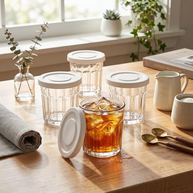 Working Glass Cups with Lids Set of 4, 13.5oz Thick Glass Tumblers | Classic Picardie Style Glassware, Stackable Design, 2-in-1 Drinking Cup & Food Storage Jar with Premium Thick Glass - Image 6