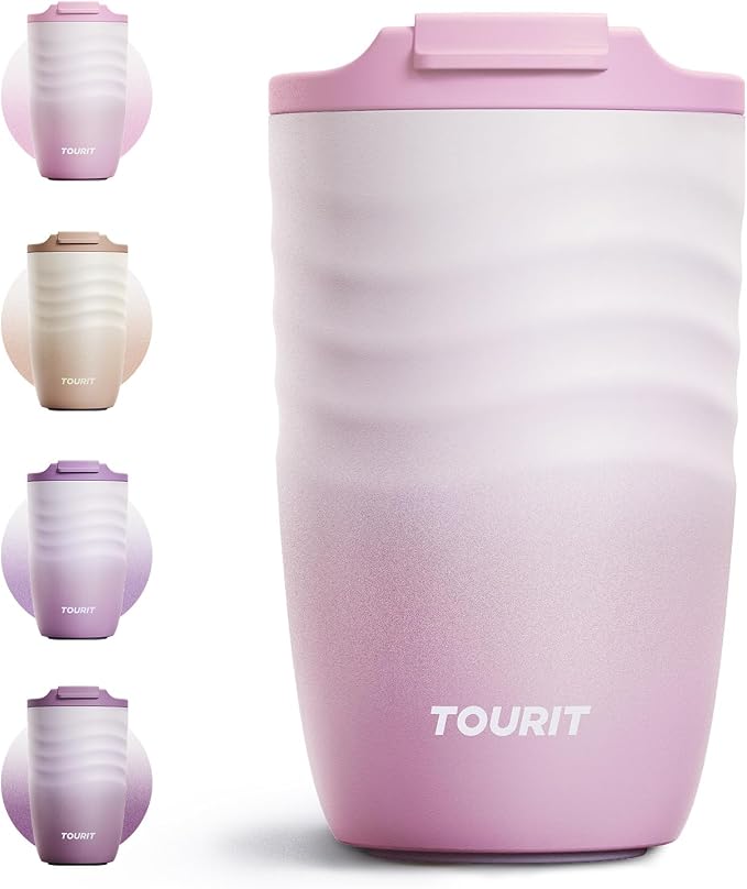 TOURIT 12 oz Travel Coffee Mug, Vacuum Insulated Stainless Steel Tumbler with Ripple-Wave Anti-Slip Grip, Built-in Silicone Bottom for Quiet & Stable, Leak-Proof Lid, Fits Car Cup Holder, Pink by TOURIT
