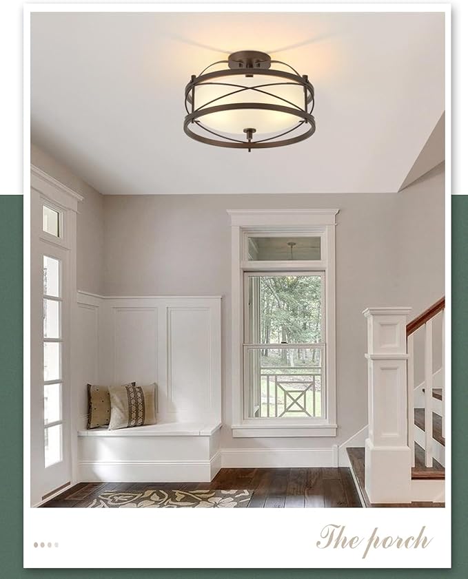 Entryway Drum Light Fixtures, Semi-Flush Mount Rustic Ceiling Light for Hallway Living Room Bedroom Kitchen (Old Bronze Finished) - Image 6
