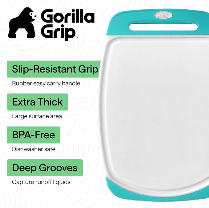 GORILLA GRIP BPA-Free Reversible Kitchen Cutting Board Set of 3, US Designed, Nonporous, Juice Grooves Catch Liquid, Slip Resistant Border, Dishwasher Safe Durable Large Food Chopping Boards Turquoise - Image 2