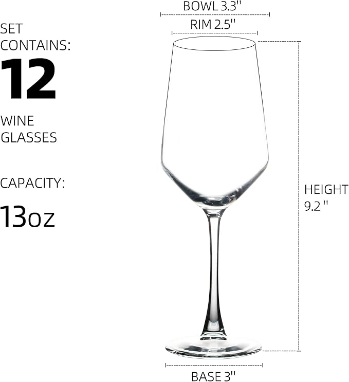 YANGNAY Wine Glasses (Set of 12, 13 Oz), Clear Wine Glasses for Red or White Wine, Smooth Rim, Dishwasher Safe - Image 2