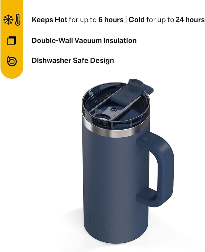 RTIC 16oz Road Trip Travel Mug with Lid and Handle, Ceramic Lined, Navy | Stainless Steel Metal, Insulated Travel Cup for Hot and Cold Drinks, Coffee, Car, Camping and Travel - Image 2