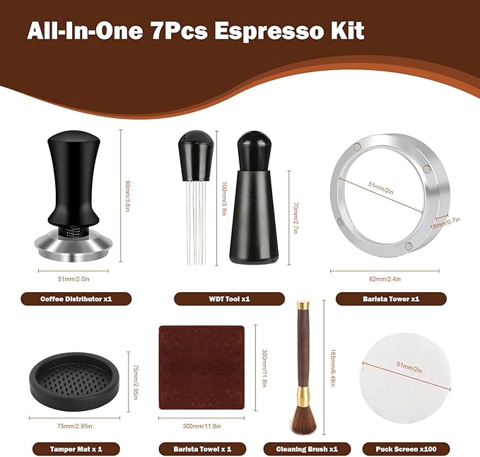 51mm Espresso Accessories Kit, Espresso Tamper with 100 Coffee Filter Papers, WDT Tool, Dosing Ring, Brush, Silicone Mat & Cleaning Cloth – Barista Tools for 51mm Portafilters & Espresso Machines