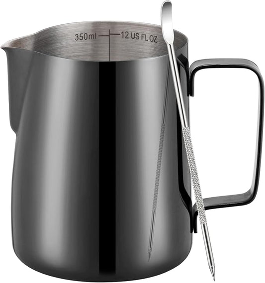 Amrules Milk Frothing Pitcher, 12 oz Milk Frother Cup with Clear Scale, 304 Stainless Steel Cappuccino Espresso Machine Accessories for Barista Coffee Bar with Latte Art Pen, Bright Black by Amrules