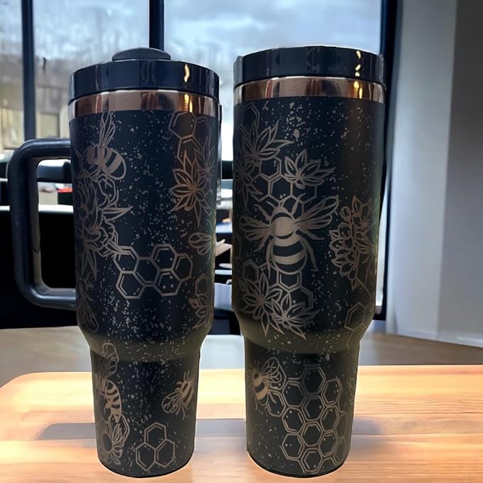 Western Engraved 40oz Tumbler, Tumbler with handle, Cowgirl Tumbler, Country Mug with Handle (Black r.Gold(16)-Bee(B31))