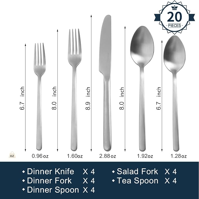 KINGSTONE Silverware Set, 20 Piece Flatware Cutlery Set for 4, 18/10 Stainless Steel Silverware Mirror Polished Dishwasher Safe for Home, Restaurant, Wedding, Party, Matte Silver - Image 2