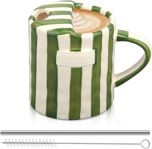 1 Pack Ceramic Coffee Mug with Sip Hole Espresso Cup 10oz with Straws Retro Hand Painted Striped Ceramic Iced Coffee Tea Travel Mug Latte Cup for Kitchen Dining (Handle,Green) by Ferrochef