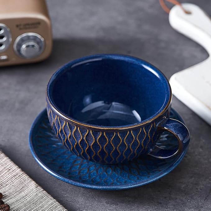 Coffeezone Vintage Design 12 oz Ceramic Latte Art Cappuccino Barista Cup with Saucer (Embossed Blue) - Image 2