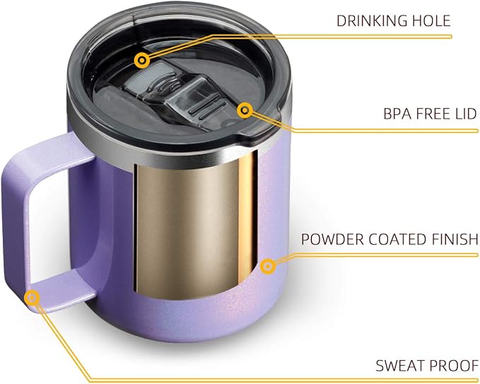 12oz Stainless Steel Insulated Coffee Mug with Handle, Double Wall Vacuum Travel Mug, Tumbler Cup with Sliding Lid, GLITTER LAVENDER - Image 3