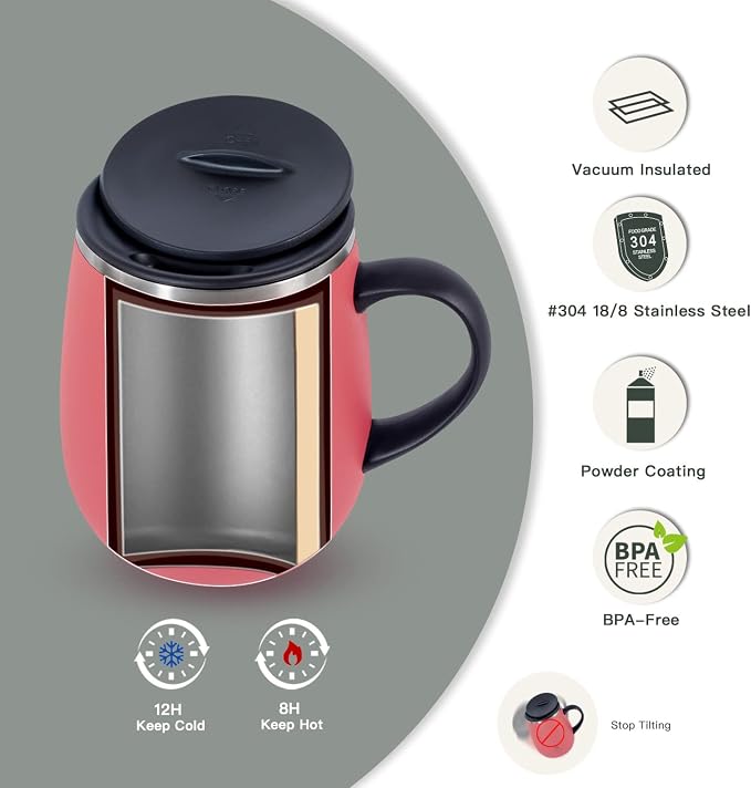 Ideus 16 oz Insulated Coffee Mug with Handle and Lid, Double Wall Stainless Steel Vacuum Thermal Coffee Mug, Travel Coffee Cup Thermal Cup for Home and Office, Jellyfish Red - Image 2