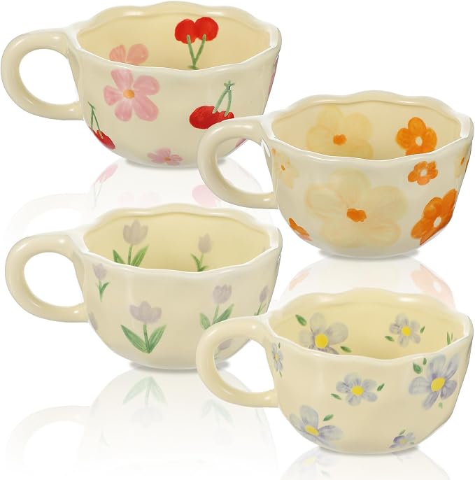 Lemecima 4 Styles Cute Ceramic Flower Coffee Mug Set 8.5 oz Vintage Aesthetic Porcelain Floral Tea Coffee Cup with Handle Dishwasher Microwave Safe for Thanksgiving Christmas Gifts for Women Gifts by Unknown